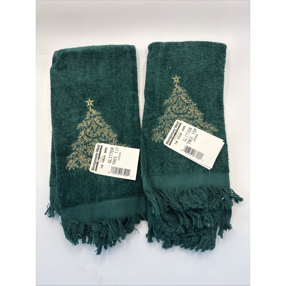 2 Vtg Montgomery Ward Christmas Tree Fingertip Hand Towels Green Christmas Tree